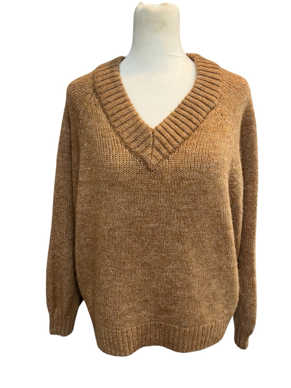 Old Navy Cognac Brown Wool Blend Long Sleeve V-Neck Sweater-Large